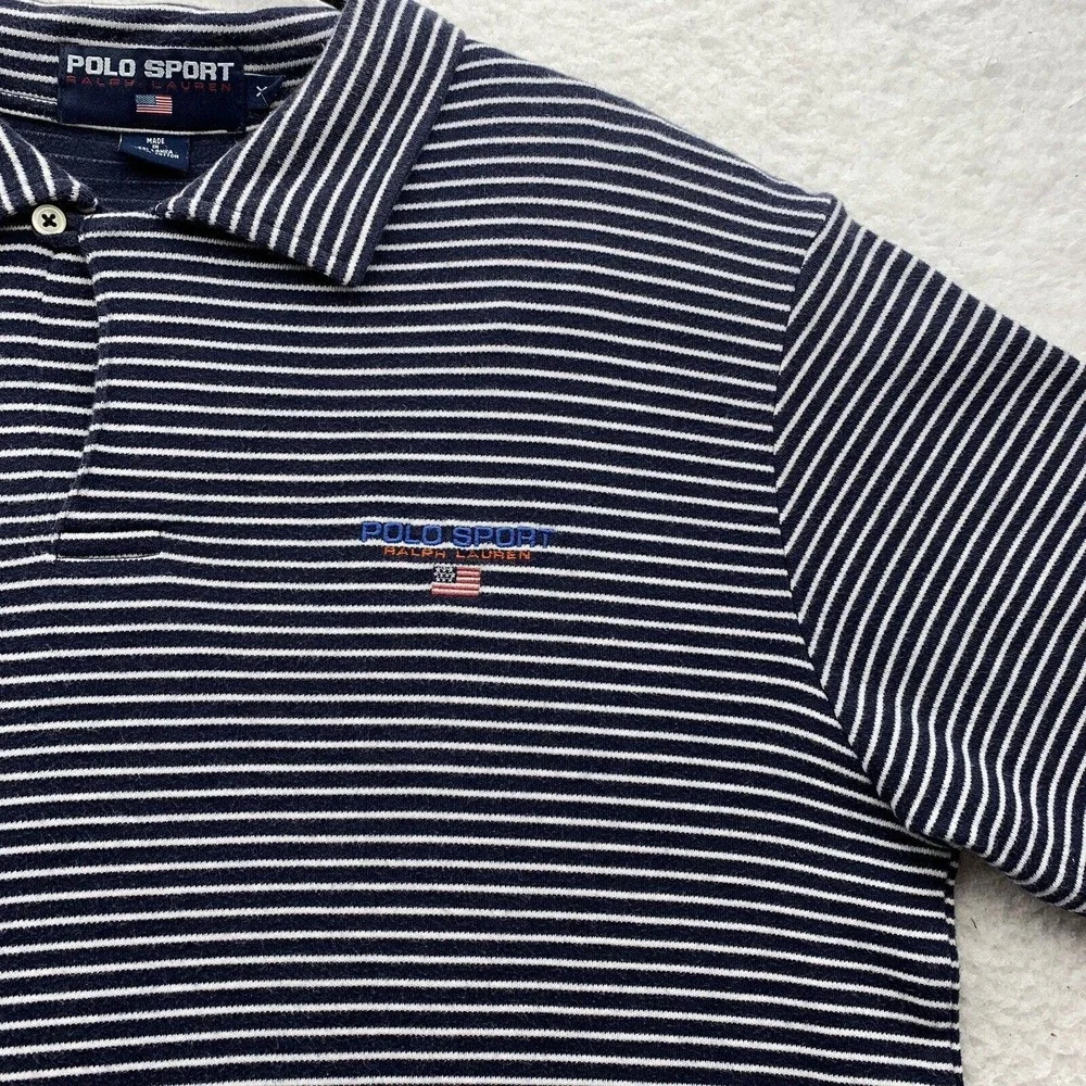 Polo Sport Ralph Lauren Polo Shirt Mens XL Blue White Striped Golf Flag‎ Preppy